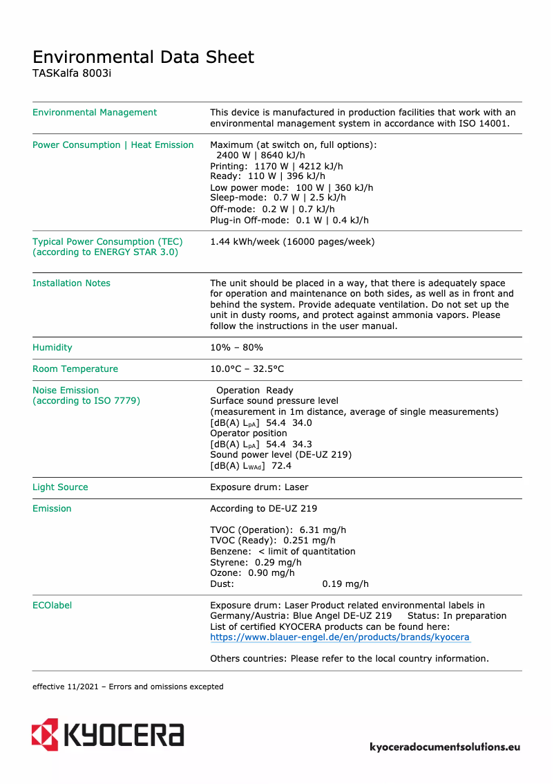 Page 1 de la notice Fiche technique Kyocera TASKalfa 8003i