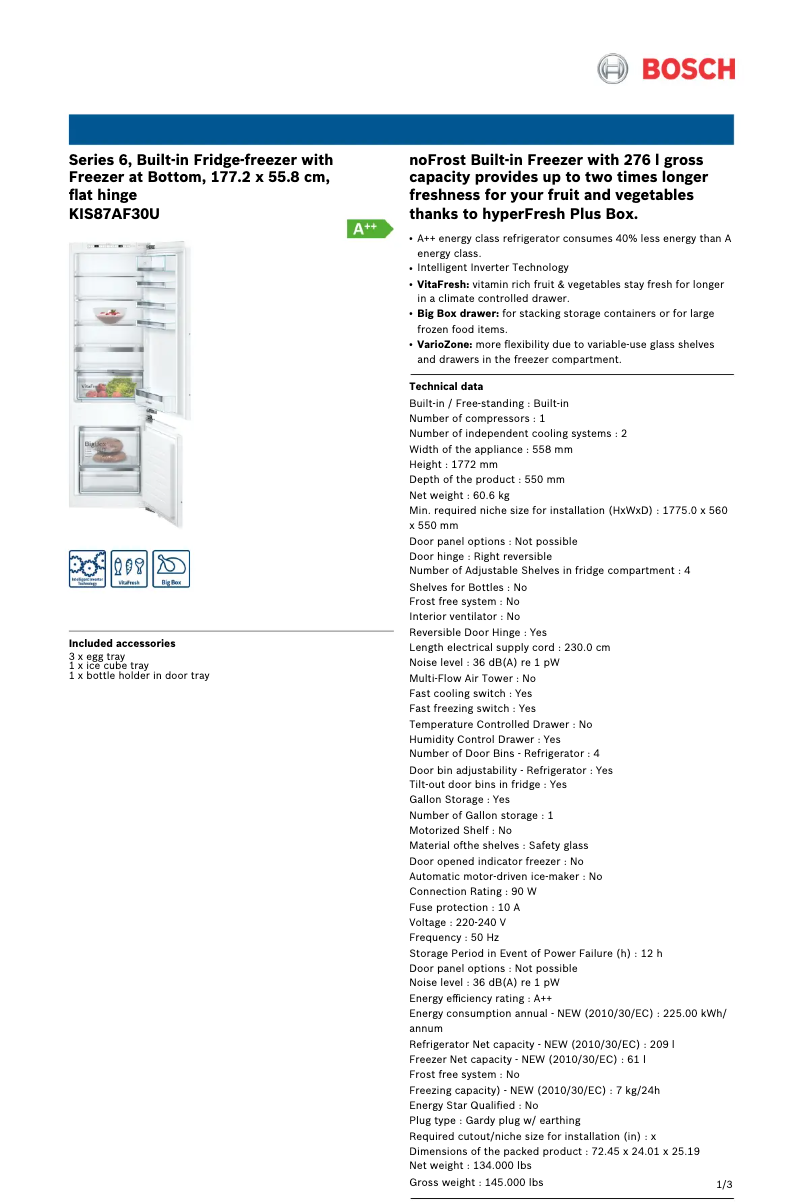 Page 1 de la notice Fiche technique Bosch KIS87AF30U