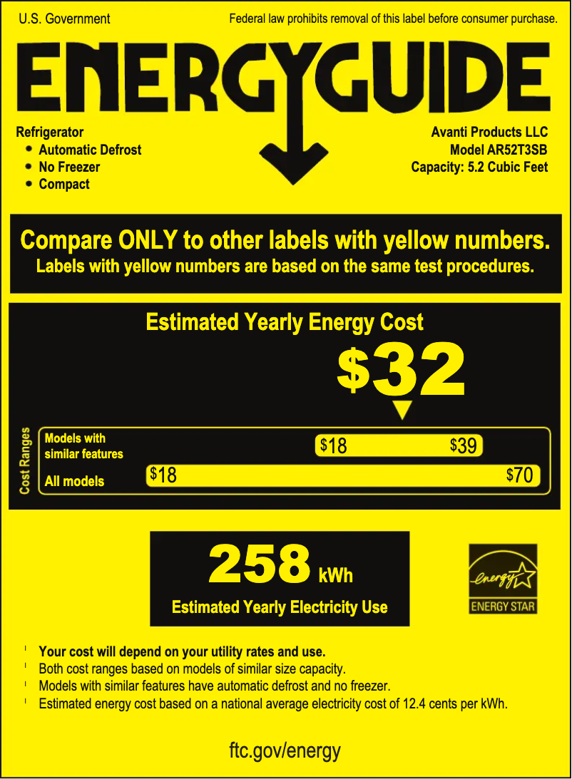 Página 1 del manual Etiqueta energética Avanti AR52T3SB