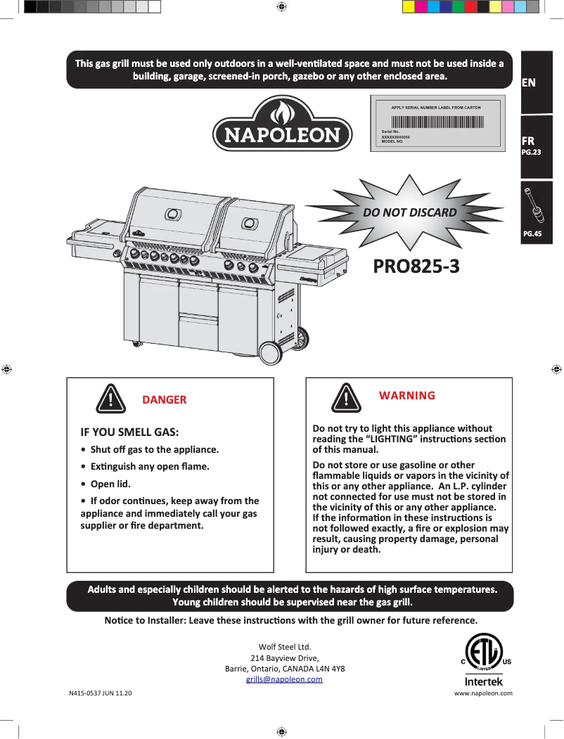 Page n°1 - Manuel utilisateur Napoleon Prestige Pro 825 RSBI