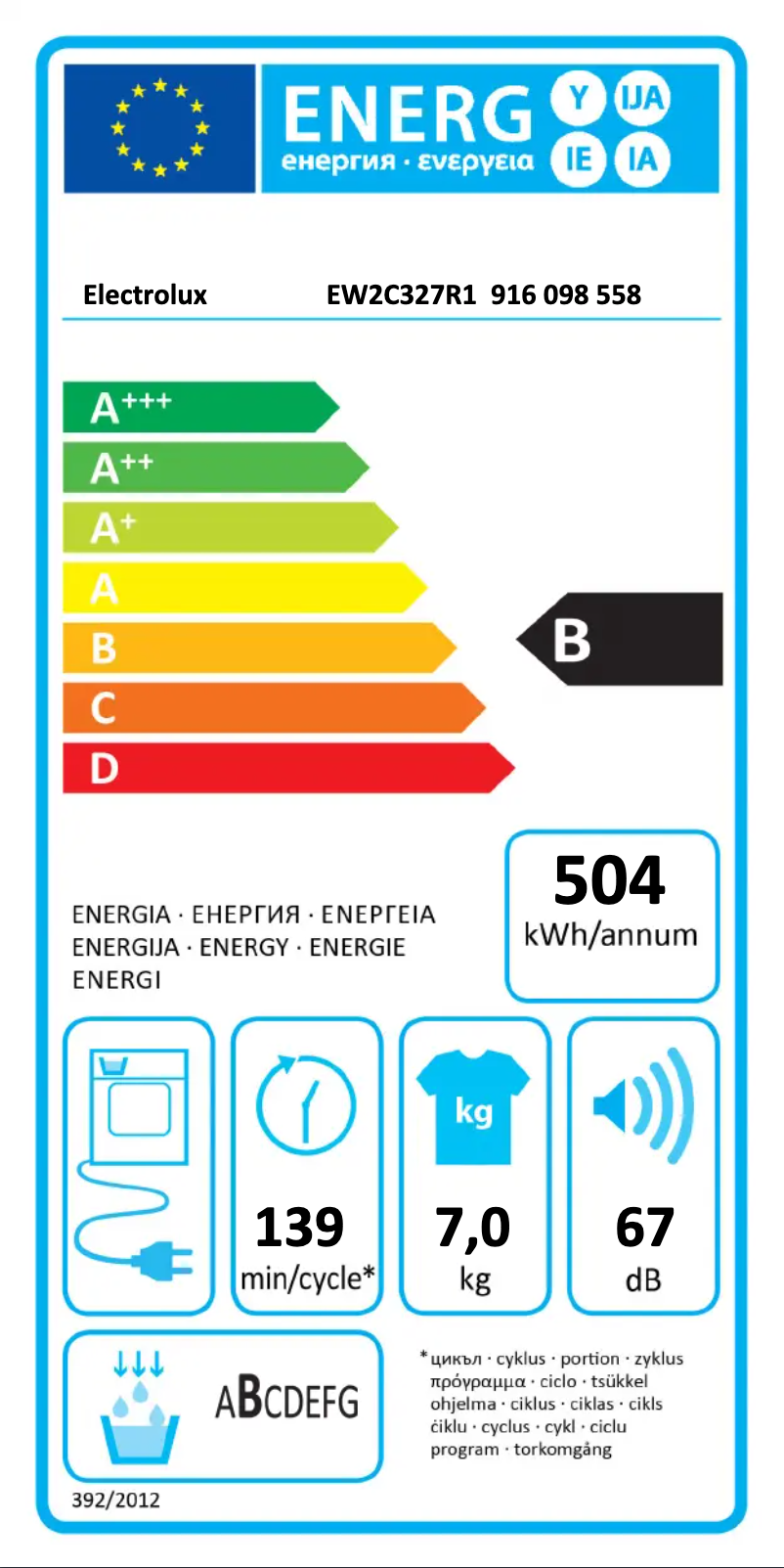 Page n°1 - Label énergétique Electrolux EW2C327R1