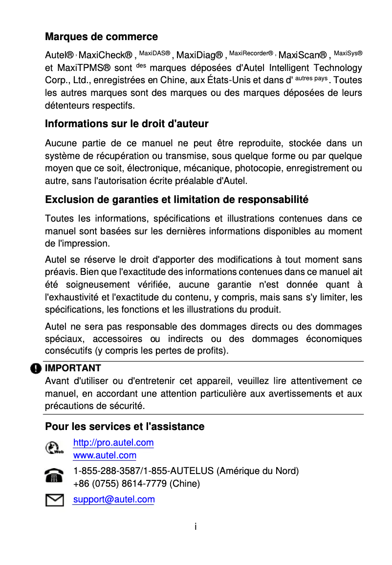 Page 1 de la notice Manuel utilisateur Autel MaxiVideo MV500