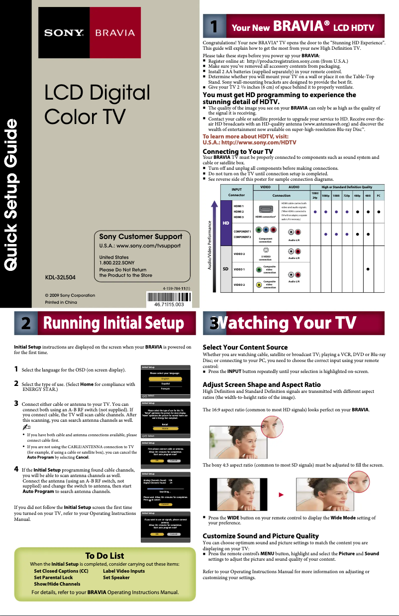Page 1 de la notice Guide d'installation Sony Bravia KDL-32L504
