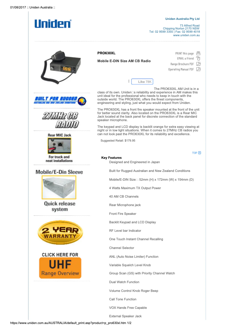 Page n°1 - Fiche technique Uniden PRO630XL