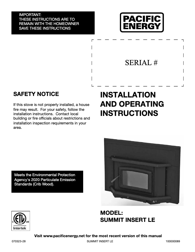 Page 1 de la notice Manuel utilisateur Pacific Energy Summit Insert LE