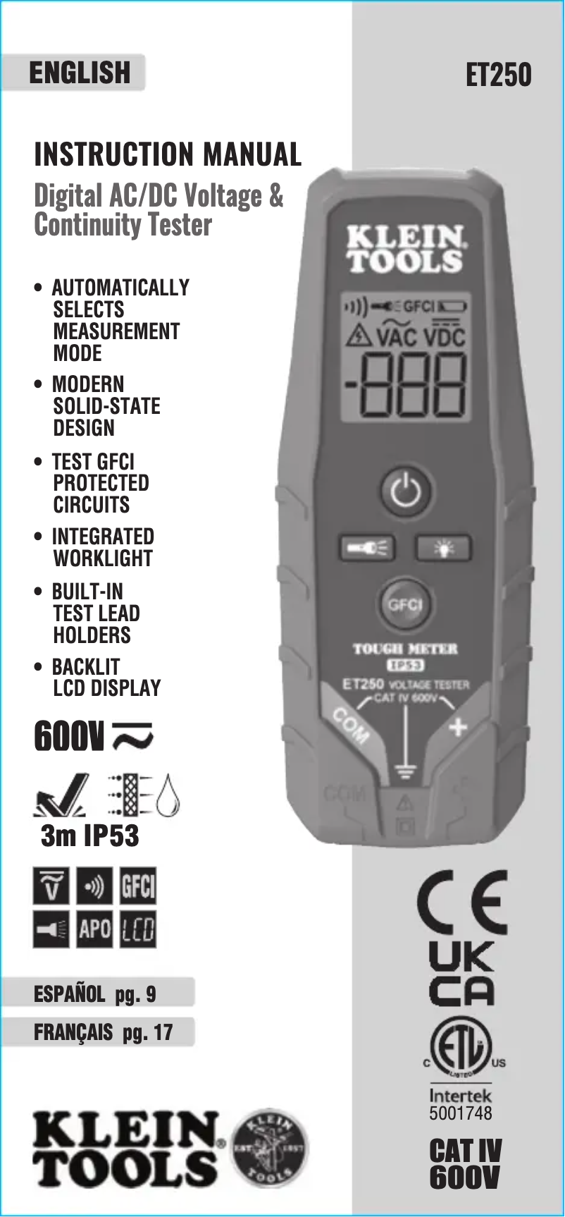 Page n°1 - Manuel utilisateur Klein Tools ET250