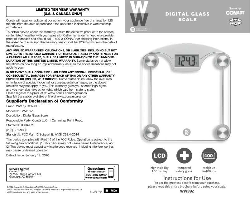 Page 1 de la notice Manuel utilisateur Conair WW39Z