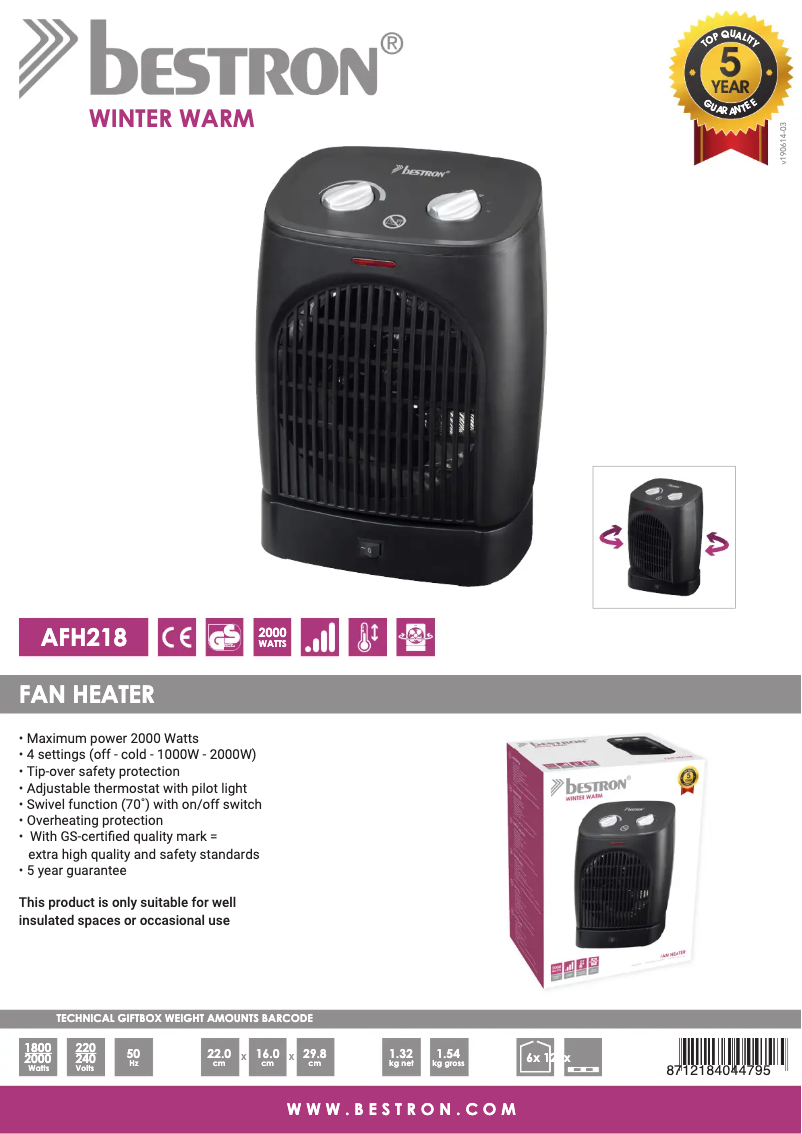 Page 1 de la notice Fiche technique Bestron AFH218