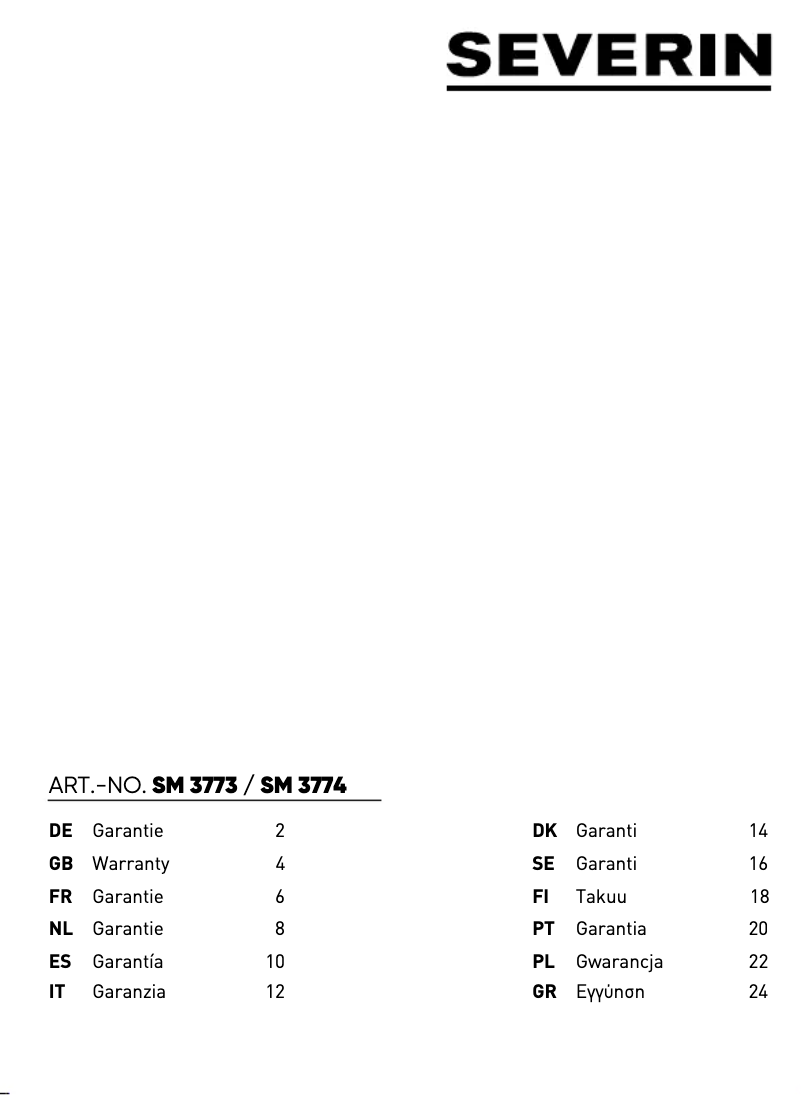 Page n°1 - Informations de garantie Severin SM 3773