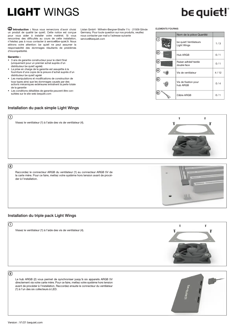 Page 1 de la notice Manuel utilisateur Be Quiet! Light Wings