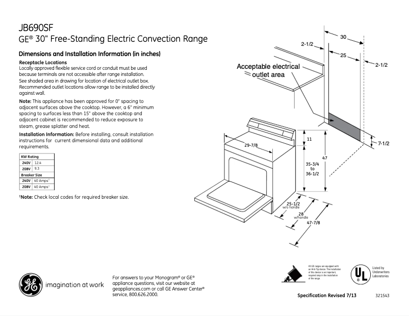 Página 1 del manual Ficha técnica GE JB690SFSS