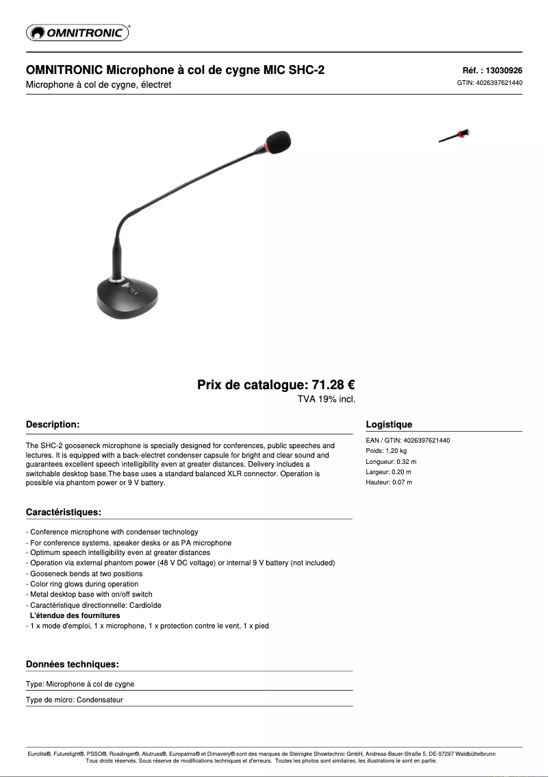Page 1 de la notice Fiche technique Omnitronic SHC-2