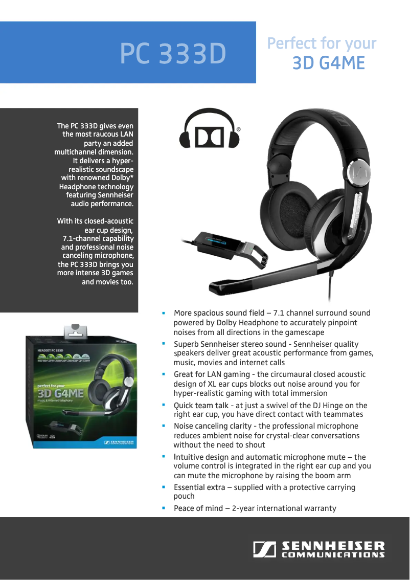 Page 1 de la notice Manuel utilisateur Sennheiser PC 333D G4ME