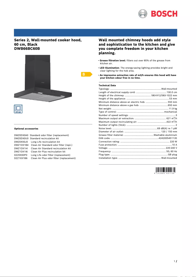 Page 1 de la notice Fiche technique Bosch DWB66BC60B