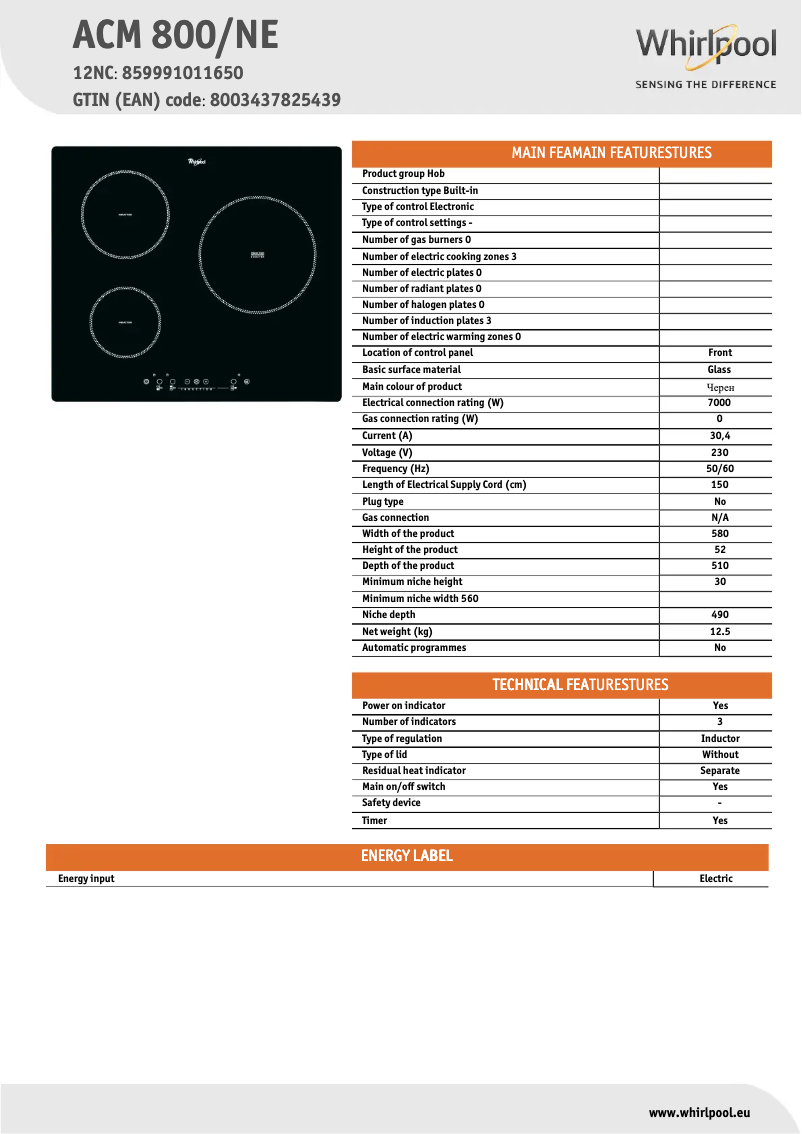Page n°1 - Fiche technique Whirlpool ACM 800/NE