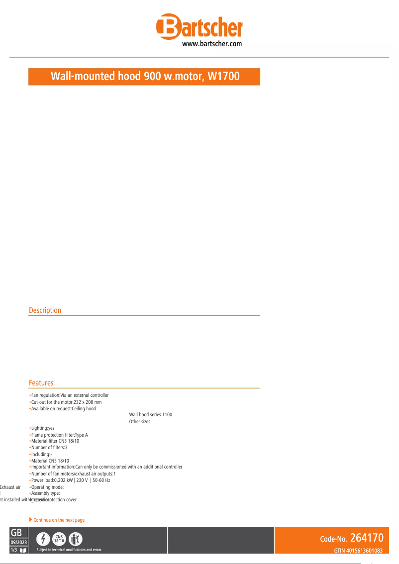 Page 1 de la notice Fiche technique Bartscher 264170