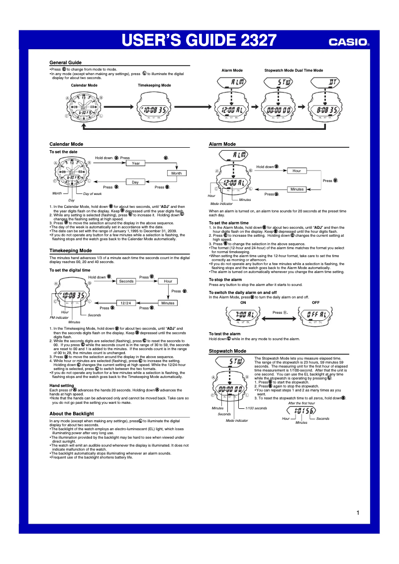Image de la première page du manuel de l'appareil G-Shock G100-1BV