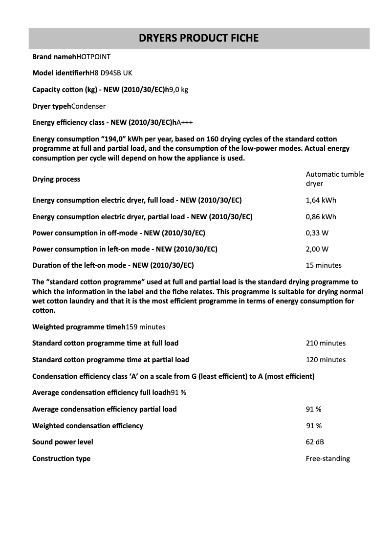 Page 1 de la notice Fiche technique Hotpoint H8 D94SB UK