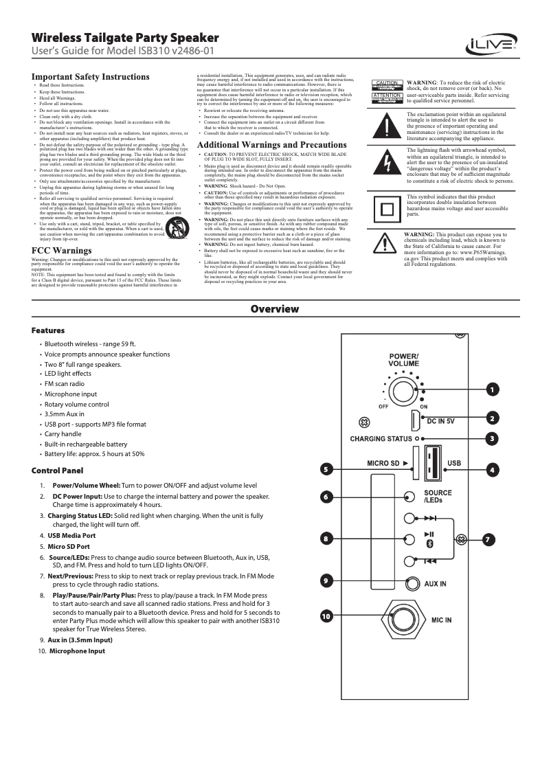 Page n°1 - Manuel utilisateur iLive ISB310