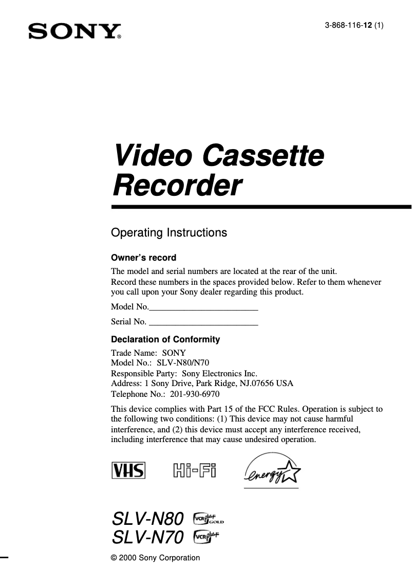 Image de la première page du manuel de l'appareil SLV-N80