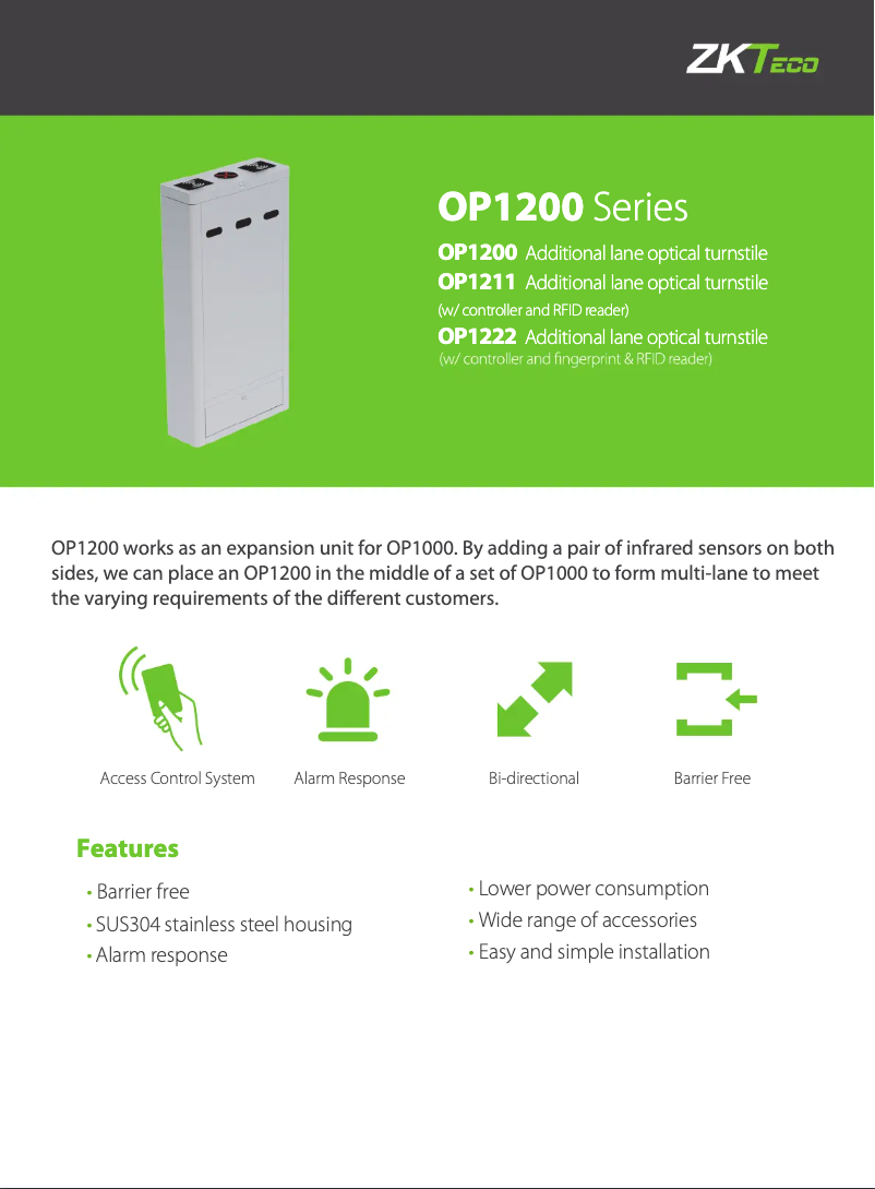 Page 1 de la notice Fiche technique ZKTeco OP1200