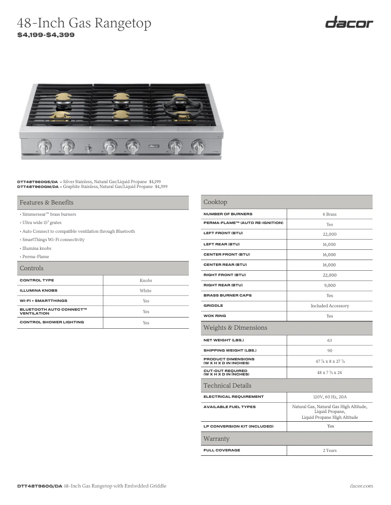 Page 1 de la notice Fiche technique Dacor DTT48T960GS