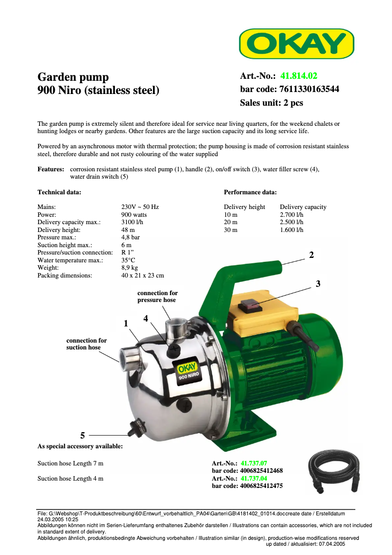 Page 1 de la notice Fiche technique OKAY 900 Niro