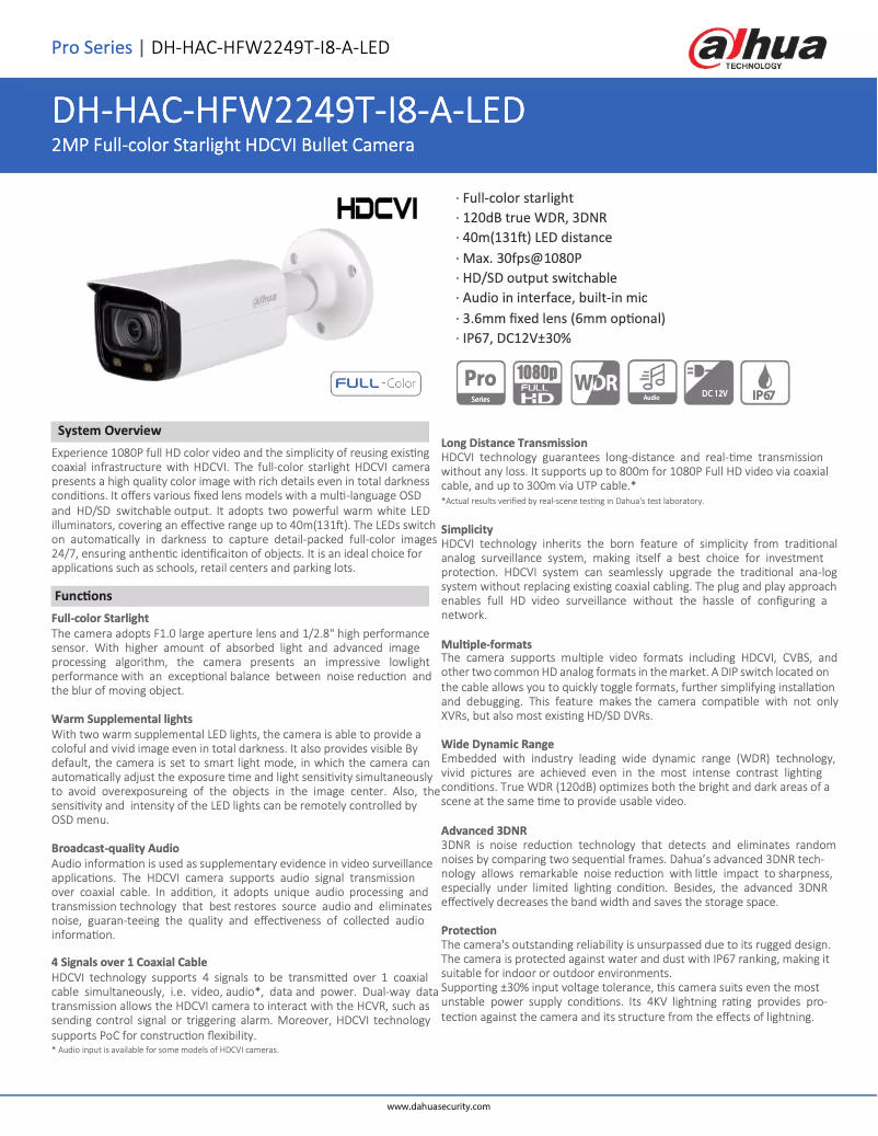Page n°1 - Fiche technique Dahua Technology HAC-HFW2249T-I8-A-LED