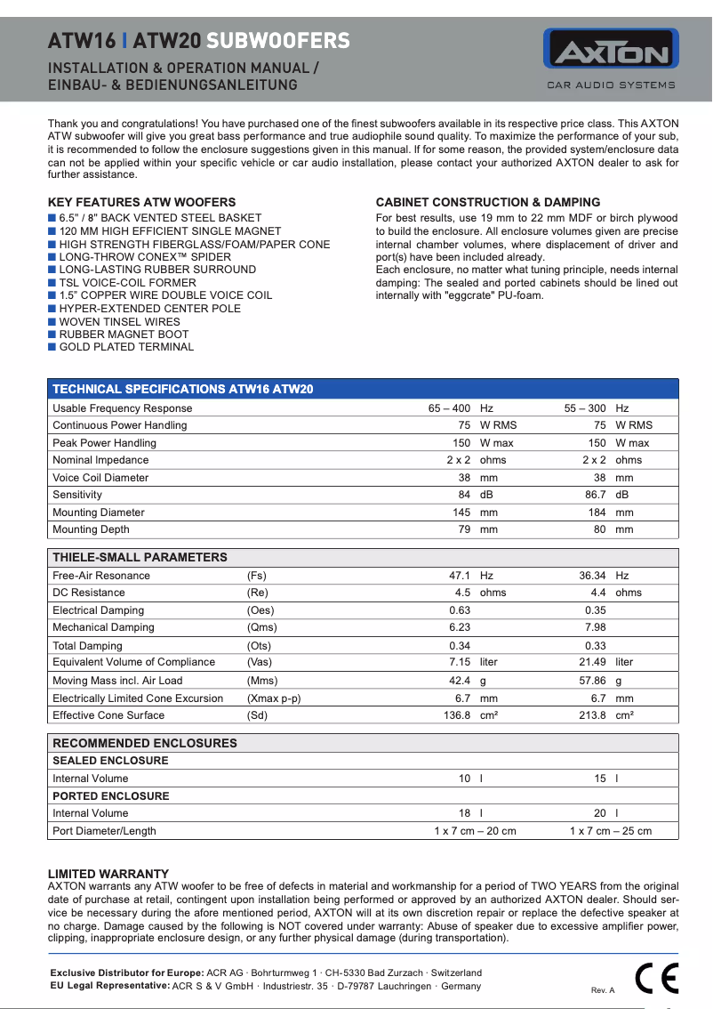 Page n°1 - Manuel utilisateur Axton ATW20
