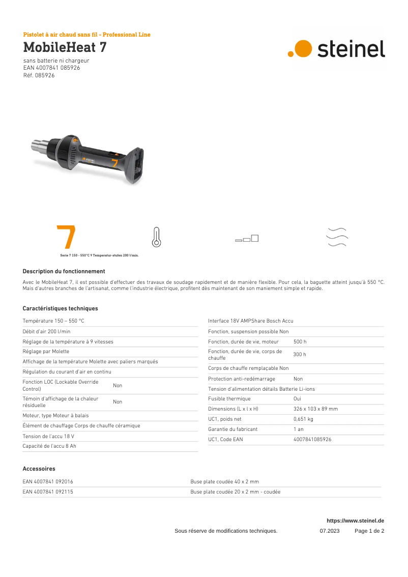 Page 1 de la notice Fiche technique Steinel MobileHeat 7
