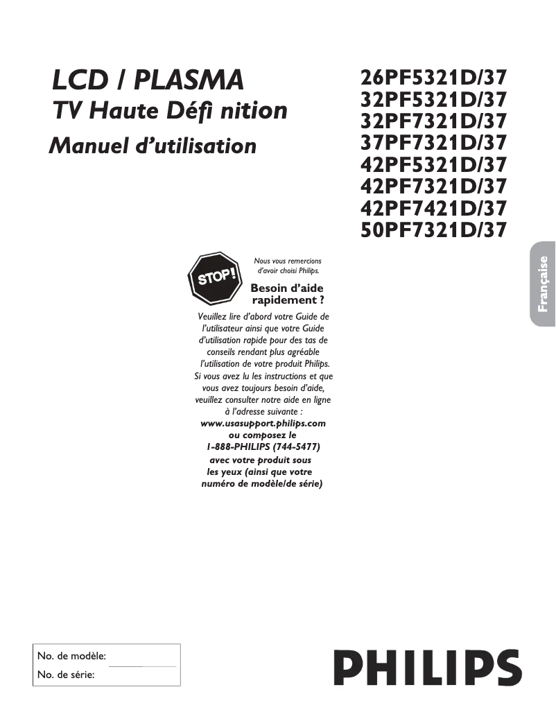 Page 1 de la notice Manuel utilisateur Philips 50PF7321D