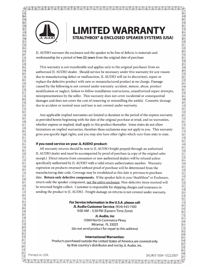 Page n°1 - Manuel utilisateur JL Audio CLS110RG-W7AE