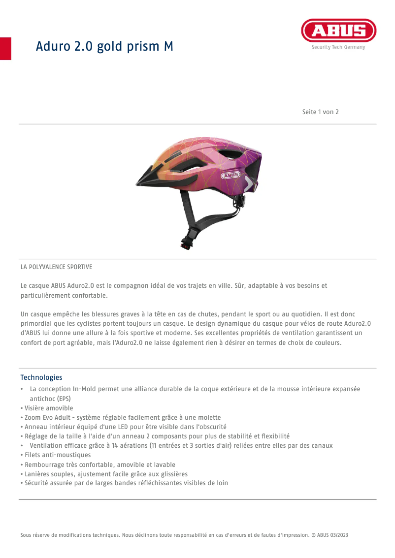 Page 1 de la notice Fiche technique Abus Aduro 2.0