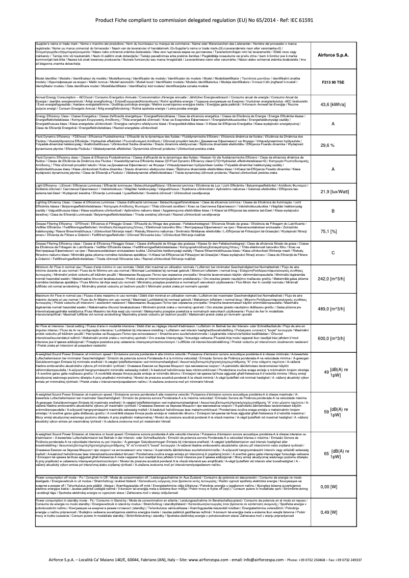 Page 1 de la notice Fiche technique Airforce F213 90 TSE