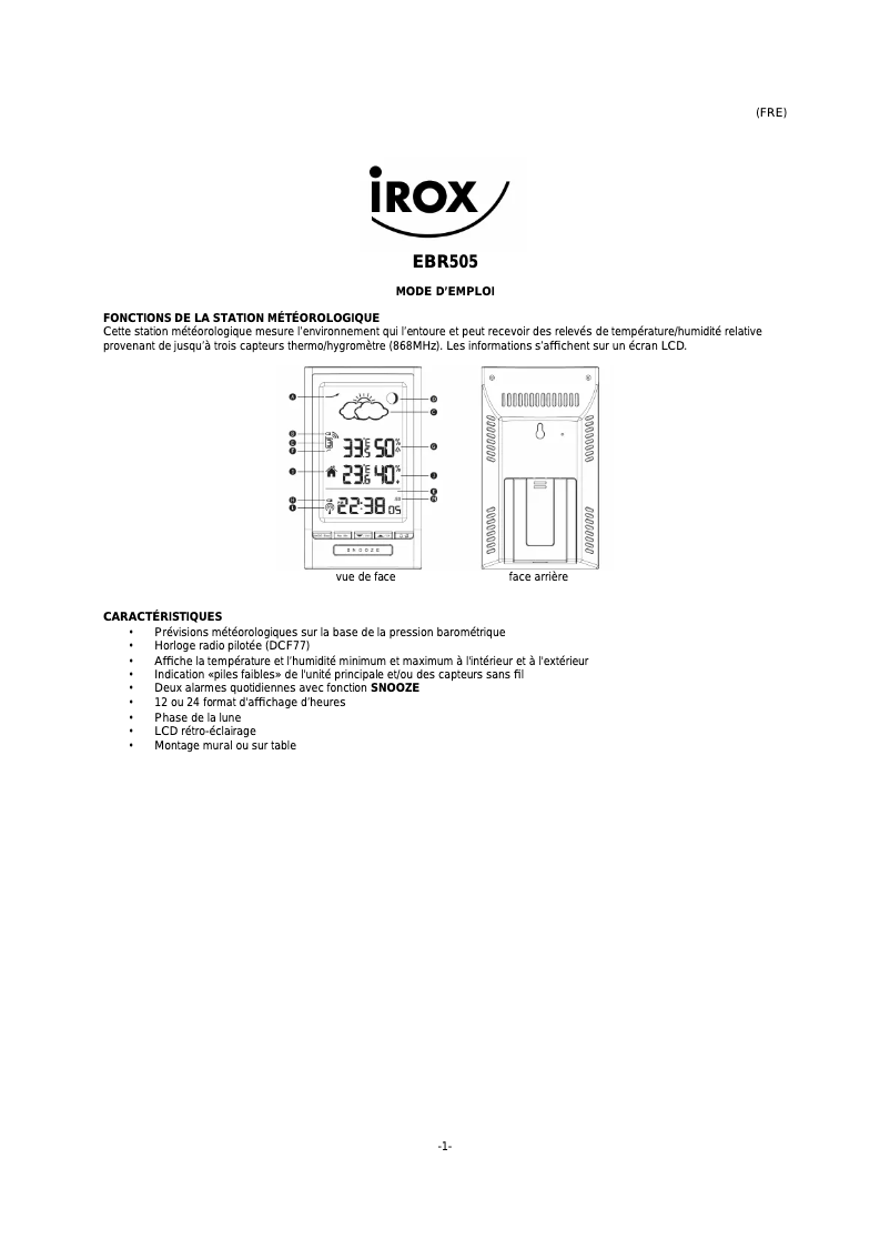Page 1 de la notice Manuel utilisateur Irox EBR505