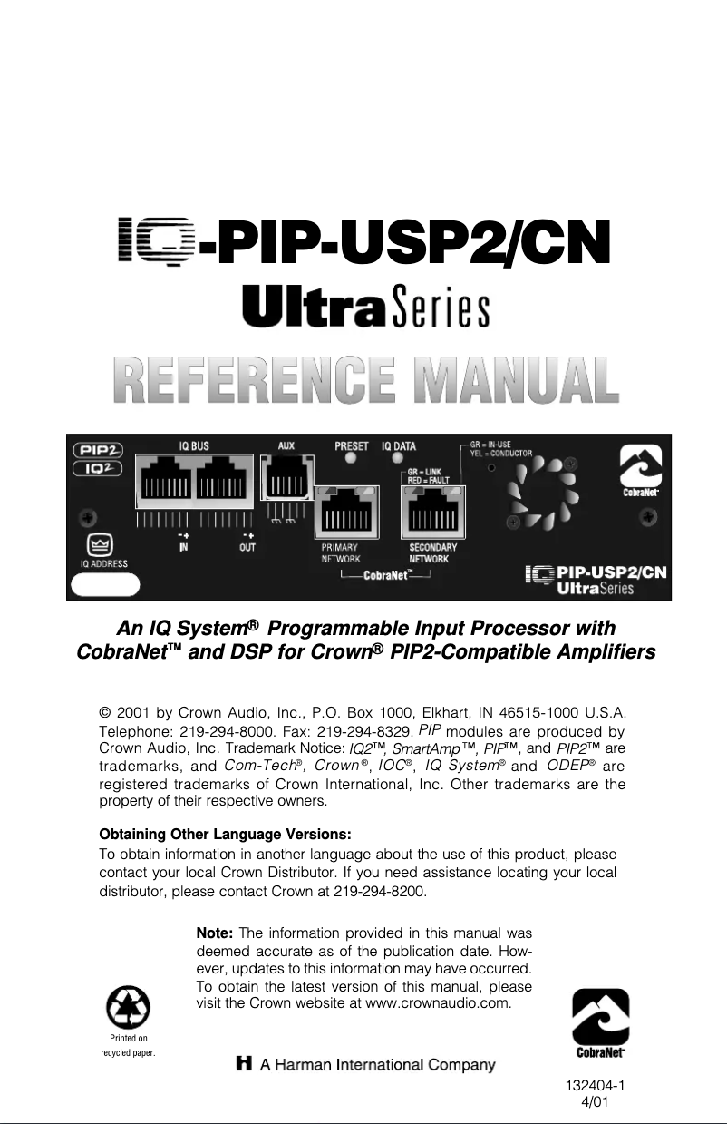 Image de la première page du manuel de l'appareil IQ-PIP-USP2/CN