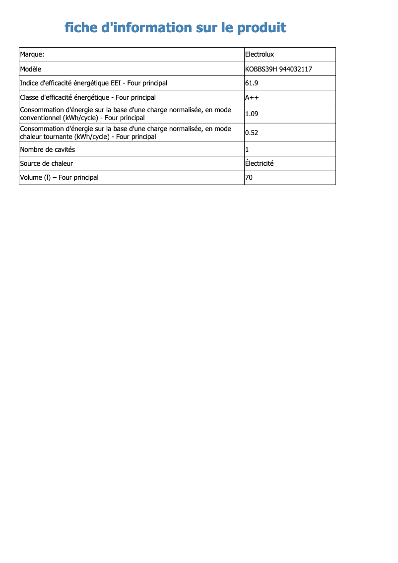 Page 1 de la notice Fiche technique Electrolux KOBBS39H