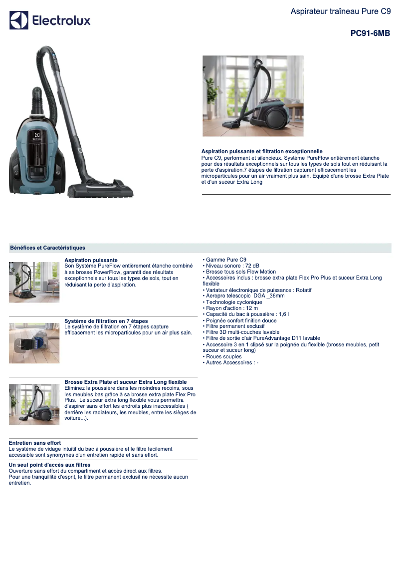 Page 1 de la notice Fiche technique Electrolux PC91-6MB