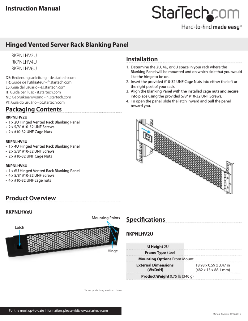 Page 1 de la notice Manuel utilisateur StarTech.com RKPNLHS2U