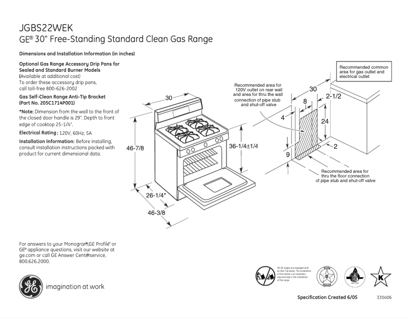 Page 1 de la notice Fiche technique GE JGBS22WEKWW
