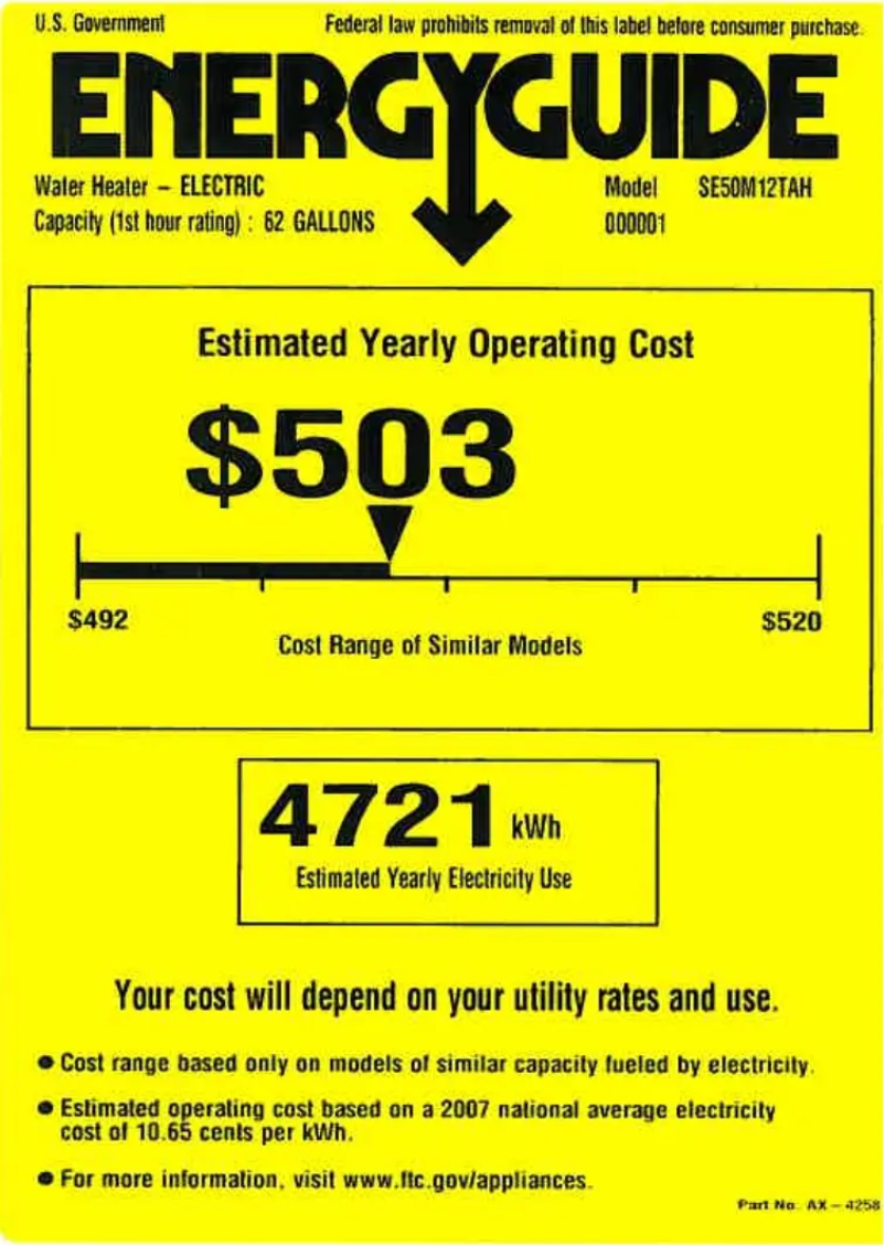 Page 1 de la notice Label énergétique GE SE50M12TAH