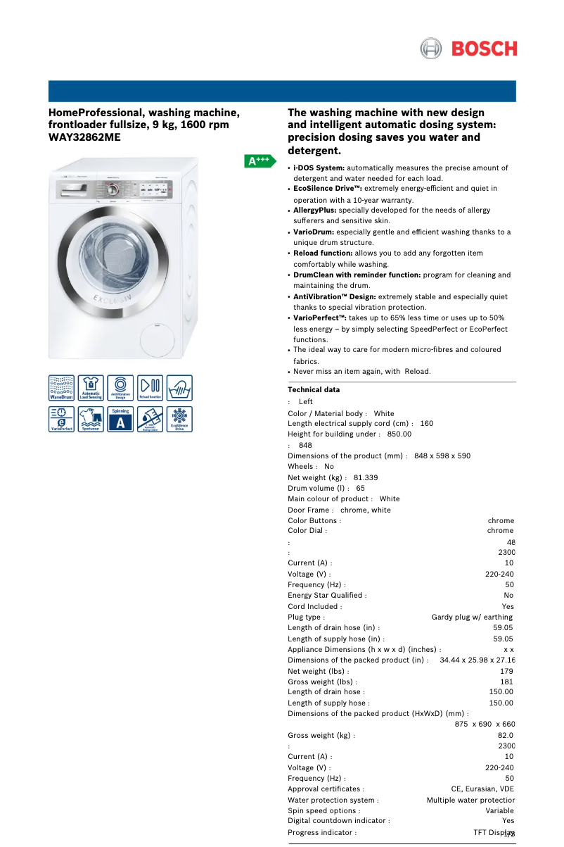 Page 1 de la notice Manuel utilisateur Bosch WAY32862ME