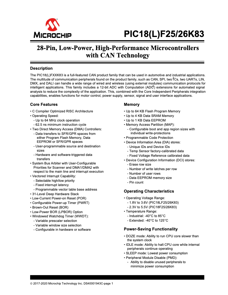 Page 1 de la notice Fiche technique Microchip PIC18F26K83