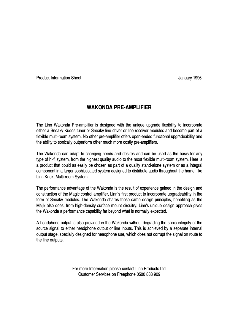 Page 1 de la notice Fiche technique Linn Wakonda