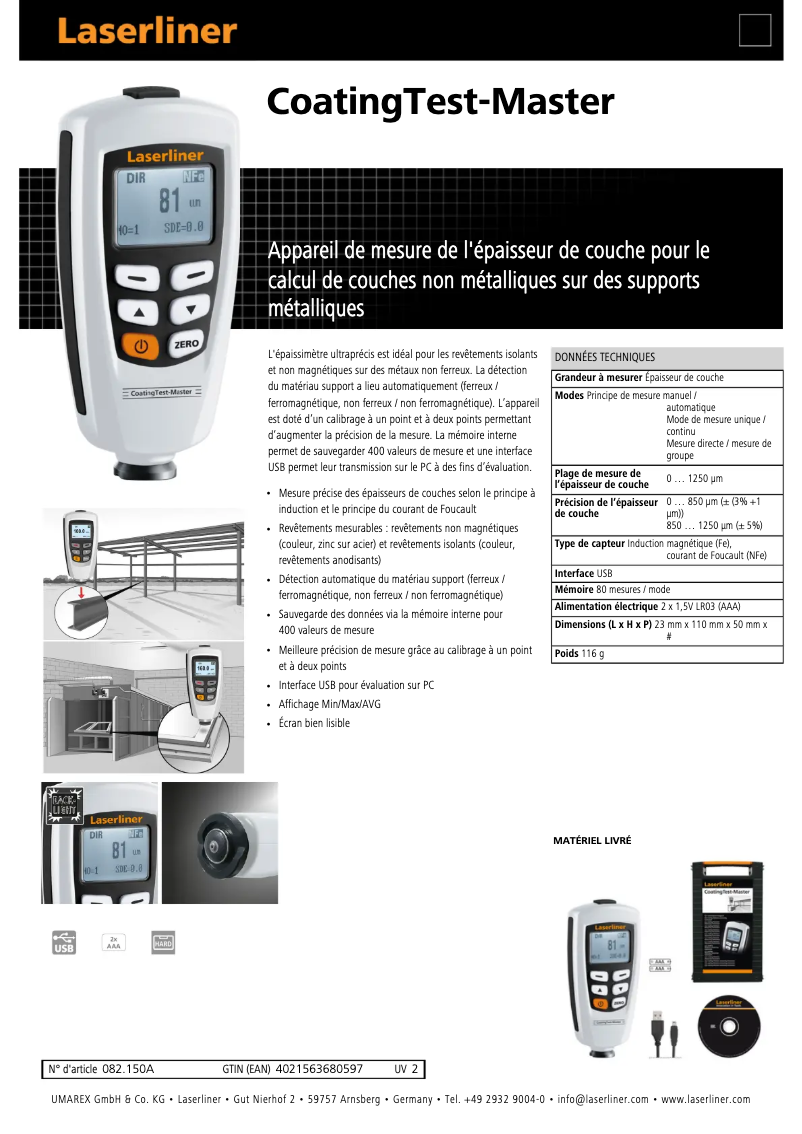Page 1 de la notice Fiche technique Laserliner CoatingTest-Master