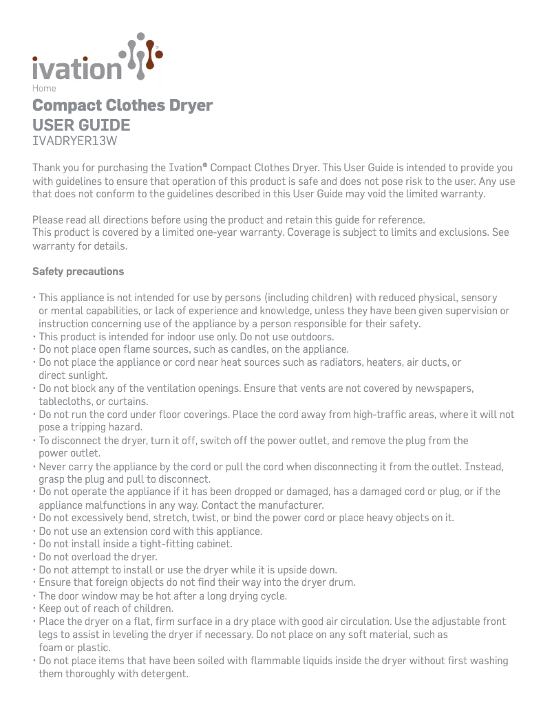 Page n°1 - Manuel utilisateur Ivation IVADRYER13W
