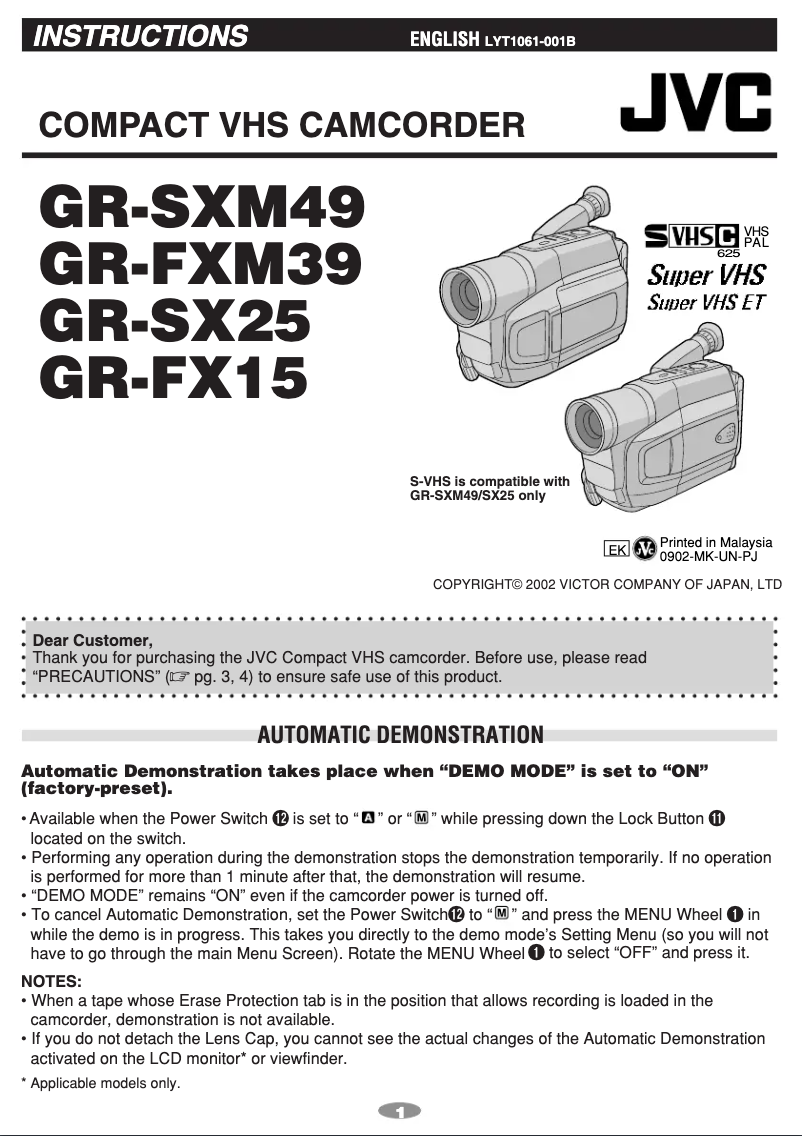 Page n°1 - Manuel utilisateur JVC GR-SXM49