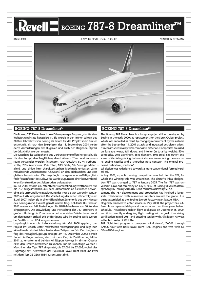 Page n°1 - Manuel utilisateur Revell Boeing 787-8 'Dreamliner'