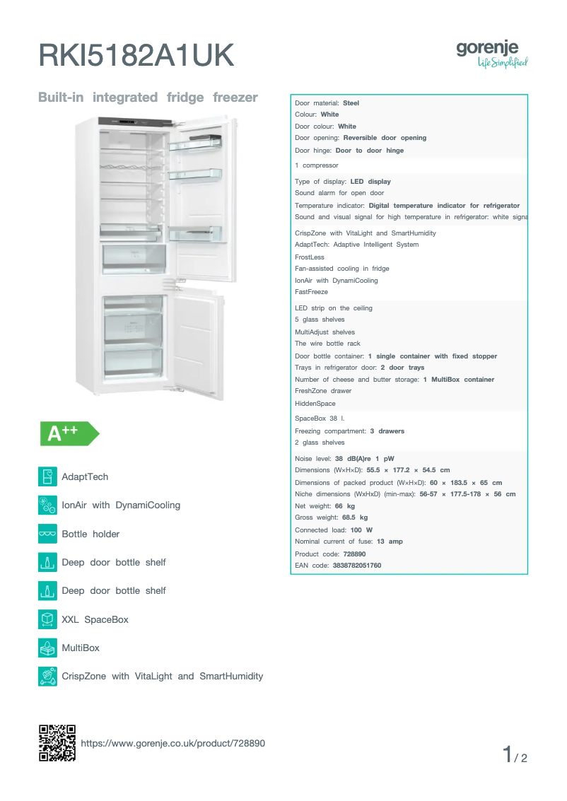 Página 1 del manual Ficha técnica Gorenje RKI5182A1UK