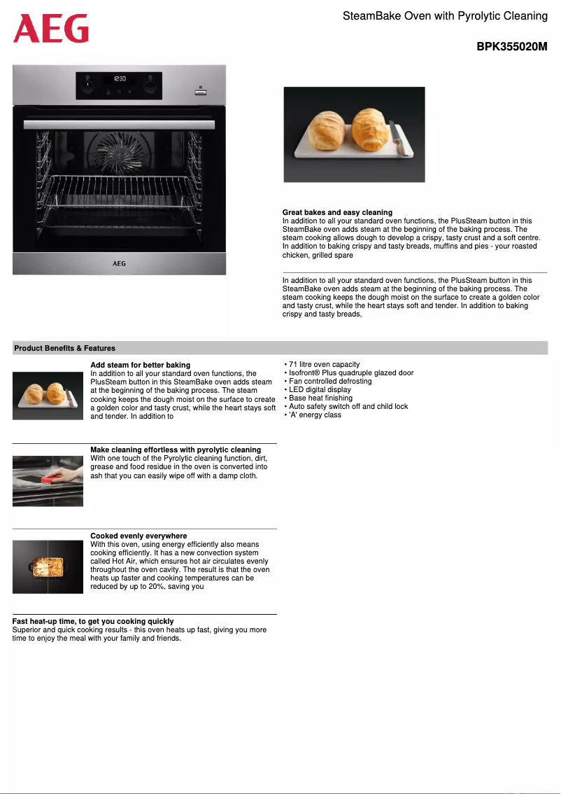 Page 1 de la notice Fiche technique AEG BPK355020M
